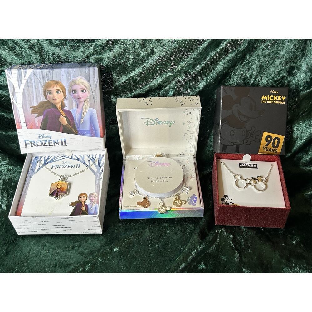 Disney Silver Plate Jewelry Lot 3pc Mickey Mouse Frozen New In Box NIB Gift